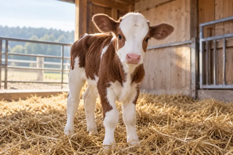 Junges Kalb in einem mit Stroh eingestreuten Stallbereich