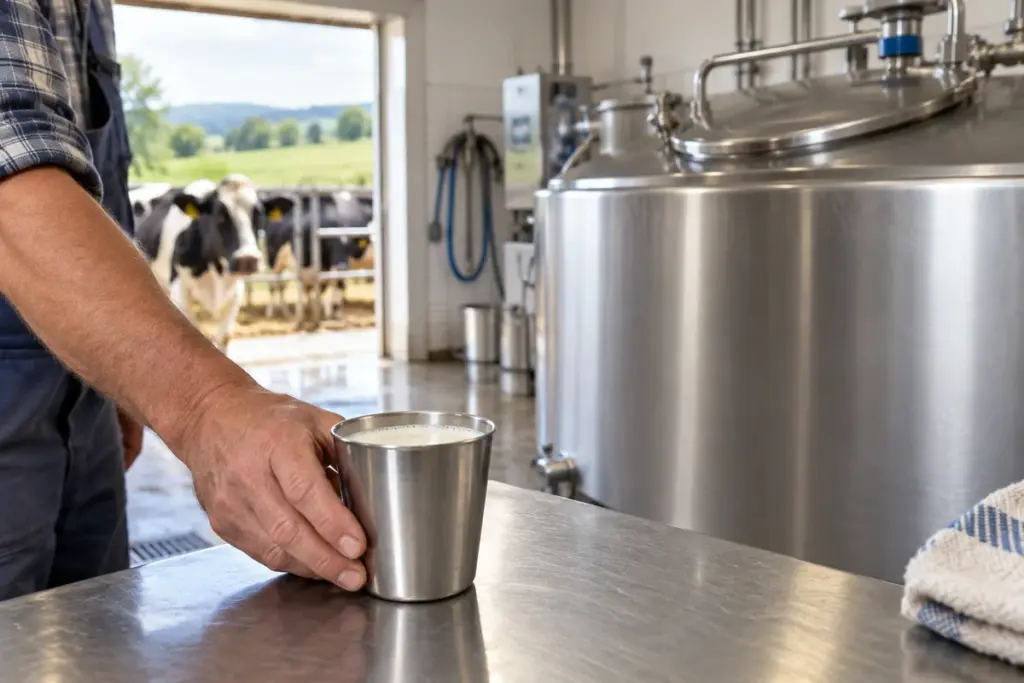 Milchprobe im Milchtankraum eines Hofs