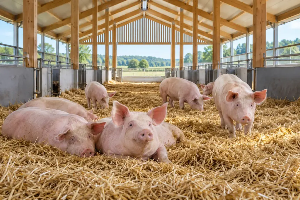 Mastschweine in einem hellen Stall mit Stroheinstreu