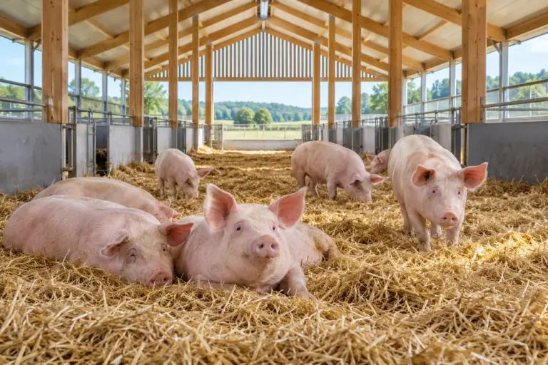Mastschweine in einem hellen Stall mit Stroheinstreu