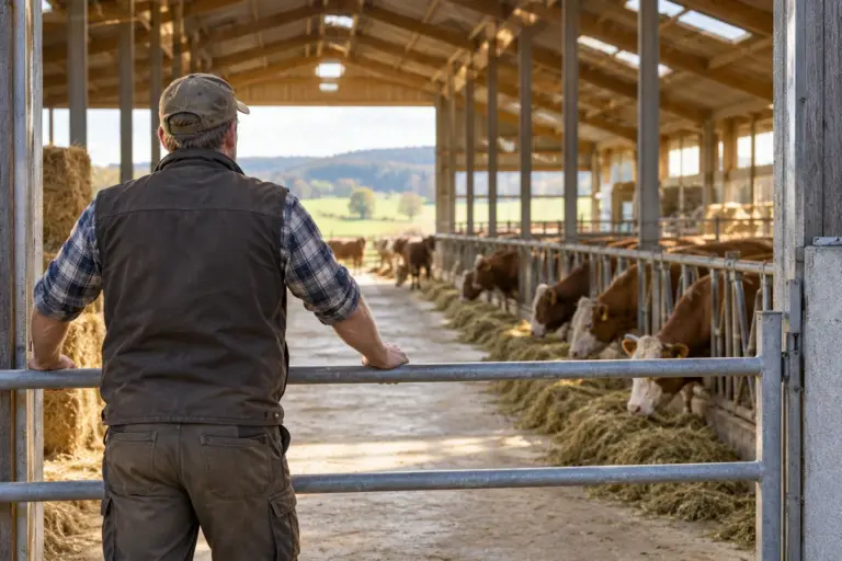 Landwirt am Eingang eines Bullenstalls