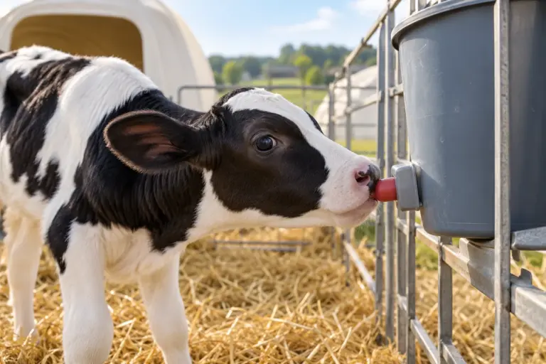 Kalb trinkt an einem Nuckeleimer