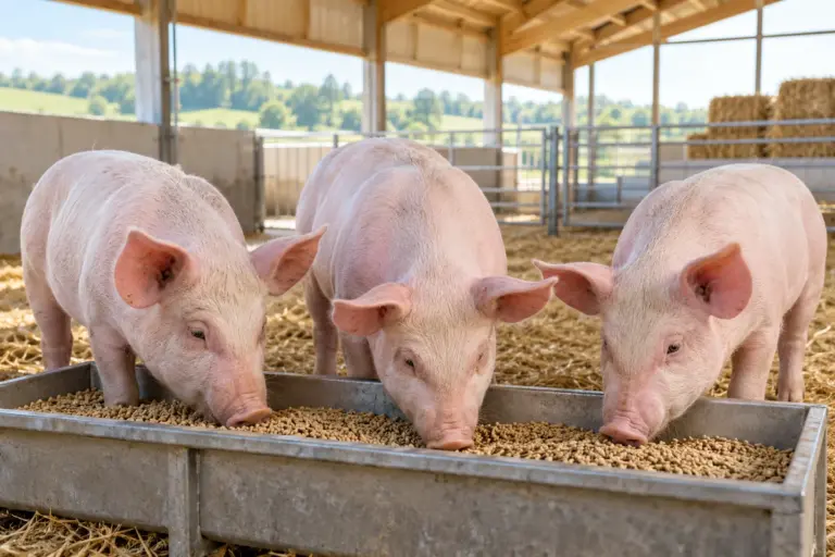 Schweine an einem Futtertrog