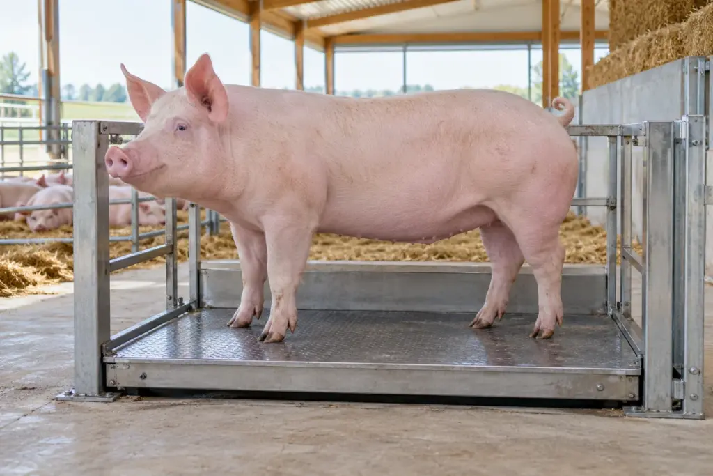 Schwein auf einer Tierwaage im Stall