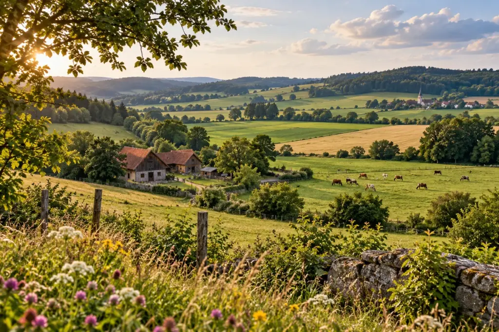 Landwirtschaftliche Landschaft mit Weiden und Feldhecken