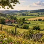 Landwirtschaftliche Landschaft mit Weiden und Feldhecken