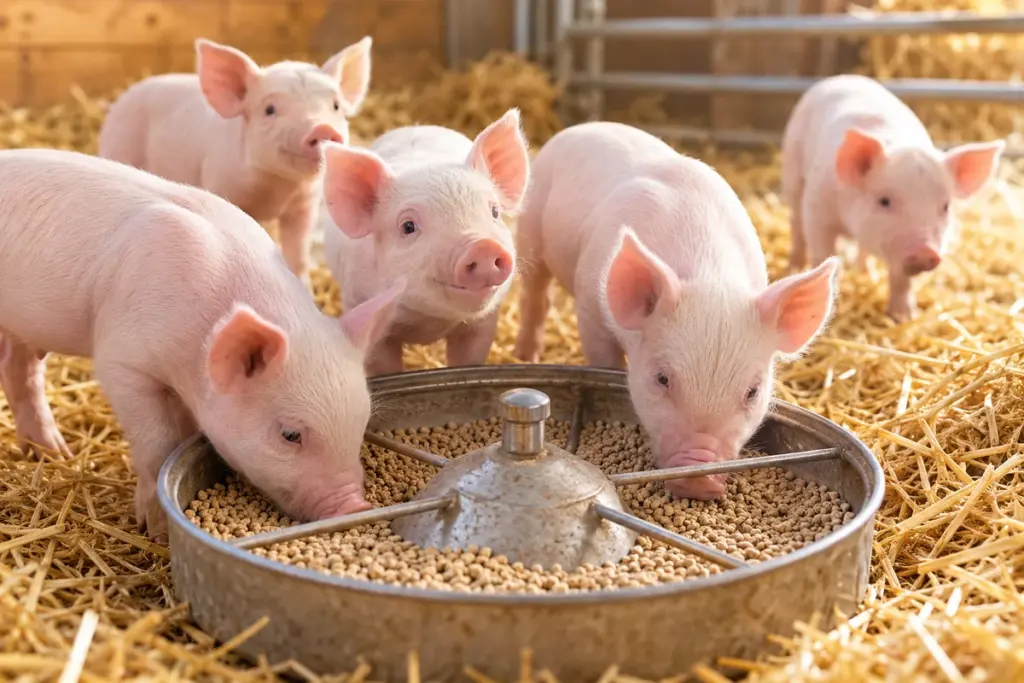 Ferkel an einem Starterfuttertrog