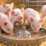 Ferkel an einem Starterfuttertrog