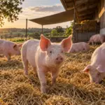 Schweine in einem geschützten Auslauf mit Stroh