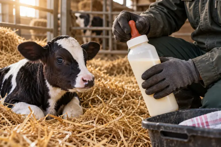Kalb und vorbereitete Kolostrumflasche im Stall